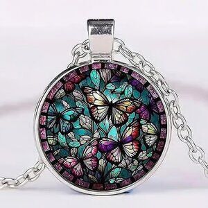 Silver BUTTERFLY Glass Cabochon Pendant Necklace